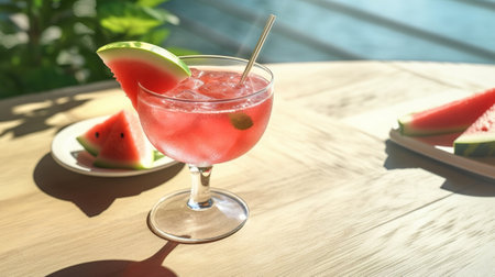 Watermelon cocktail on the table with sun shadows. Tropical concept. Creative resource, AI Generatedの素材