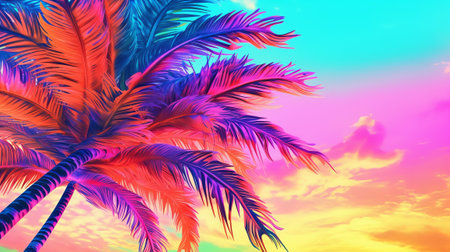 Cushioned palm tree on sky establishment conditioned in energized sprinkled rainbow neon pastel colors. Creative resource, AI Generatedの素材