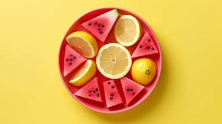 Creative organize made of watermelon, lemon. Level lay. Nourishment concept. Sweeping scale concept. Creative resource, AI Generatedの素材