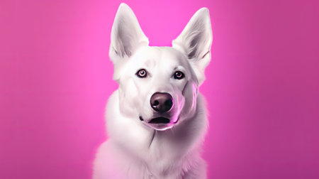 Representation of purebred pooch, White Shepherd limited over studio foundation in neon slant pink light channel. Creative resource, AI Generatedの素材