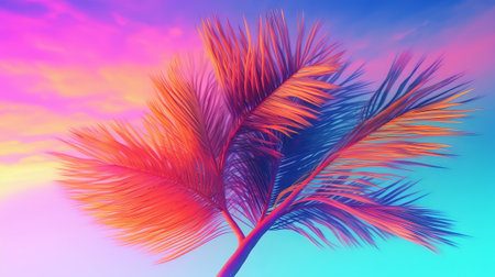 Padded palm tree on sky foundation conditioned in energized sprinkled rainbow neon pastel colors. Creative resource, AI Generatedの素材