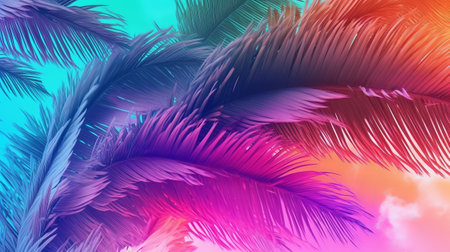 Padded palm tree on sky foundation conditioned in energized sprinkled rainbow neon pastel colors. Creative resource, AI Generatedの素材