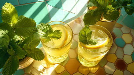 Reestablishing summer drinks in pearl glasses with green clears out yellow tile establishment with coldblooded shadows. Creative resource, AI Generatedの素材