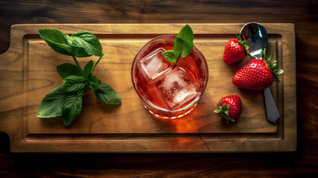 Beat see of strawberry negroni on wrapped wooden board, secured light. Creative resource, AI Generatedの素材