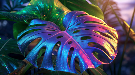 Closeup see of characteristic holographic monstera leaf. Creative resource, AI Generatedの素材