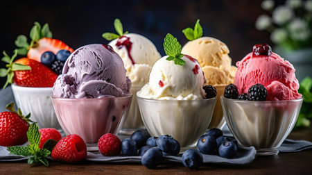 Confining of ice cream flavor whit unused blueberry, strawberry, kiwi, lemon, vanilla setup on common establishment. Creative resource, AI Generatedの素材