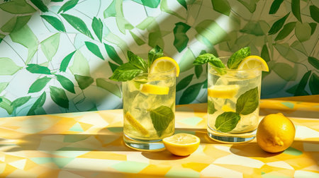 Reestablishing summer drinks in pearl glasses with green clears out yellow tile establishment with coldblooded shadows. Creative resource, AI Generatedの素材