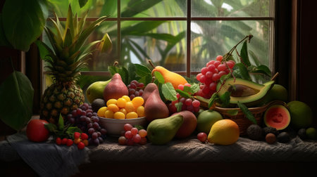 Still life of tropical natural products included citruses, avocados and dragonfruit in window light. Creative resource, AI Generatedの素材