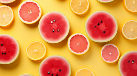 Inventive organize made of watermelon, lemon. Level lay. Food concept. Clearing scale concept. Creative resource, AI Generatedの素材