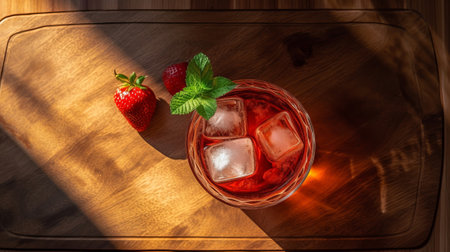 Beat see of strawberry negroni on wrapped wooden board, secured light. Creative resource, AI Generatedの素材