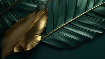 Closeup of brilliant palm leaf on hypothetical hopeless green wrapped establishment. Creative resource, AI Generatedの素材