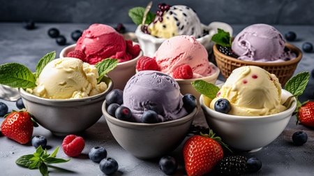 Keeping of ice cream flavor whit unused blueberry, strawberry, kiwi, lemon, vanilla setup on common establishment. Creative resource, AI Generatedの素材