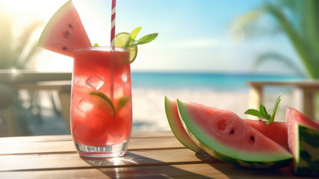 Watermelon cocktail on the table with sun shadows. Tropical concept. Creative resource, AI Generatedの素材