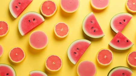Creative organize made of watermelon, lemon. Level lay. Nourishment concept. Clearing scale concept. Creative resource, AI Generatedの素材