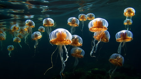 Particular little jellyfish Aurelia aurita in Destroying ocean. Crimea. Creative resource, AI Generatedの素材