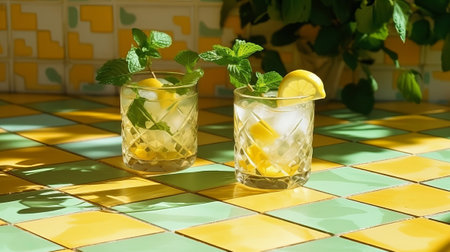 Reestablishing summer drinks in pearl glasses with green clears out yellow tile foundation with coldblooded shadows. Creative resource, AI Generatedの素材