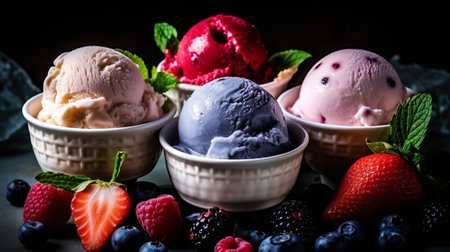 Photo for Keeping of ice cream flavor whit unused blueberry, strawberry, kiwi, lemon, vanilla setup on common foundation. Creative resource, AI Generated - Royalty Free Image