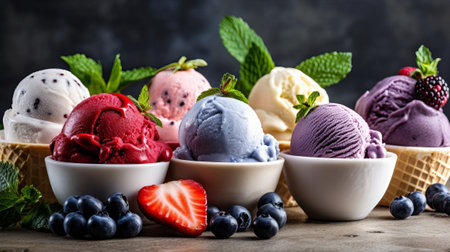 Keeping of ice cream flavor whit unused blueberry, strawberry, kiwi, lemon, vanilla setup on common foundation. Creative resource, AI Generatedの素材