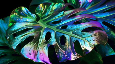 Closeup see of characteristic holographic monstera leaf. Creative resource, AI Generatedの素材