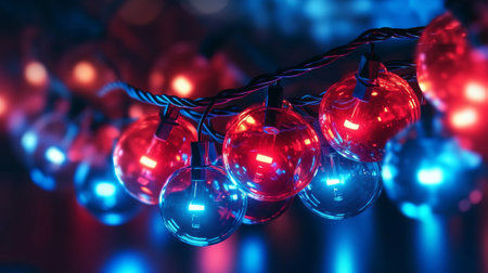 Ruddy blue neon laurels of bokeh lights and reflections. Creative resource, AI Generatedの素材