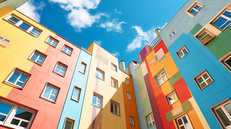 colorful building wrap and blue sky yard. Creative resource, AI Generatedの素材