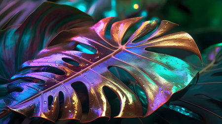 Closeup see of characteristic holographic monstera leaf. Creative resource, AI Generatedの素材