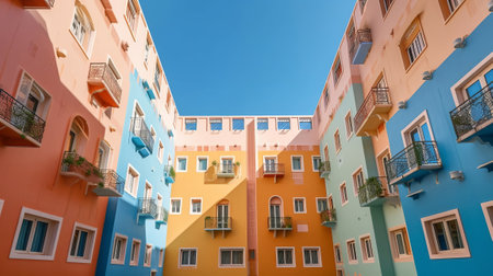 colorful building wrap and blue sky yard. Creative resource, AI Generatedの素材