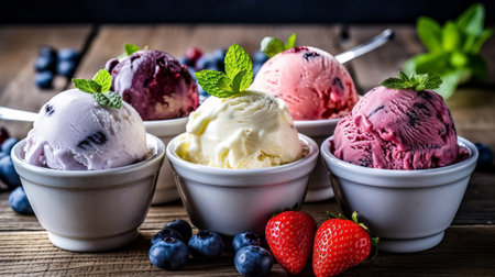 Keeping of ice cream flavor whit unused blueberry, strawberry, kiwi, lemon, vanilla setup on common establishment. Creative resource, AI Generatedの素材