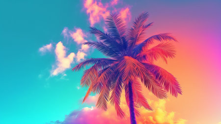 Padded palm tree on sky foundation conditioned in energized sprinkled rainbow neon pastel colors. Creative resource, AI Generatedの素材