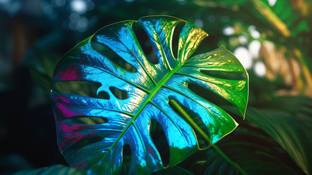 Closeup see of characteristic holographic monstera leaf. Creative resource, AI Generatedの素材