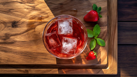 Beat see of strawberry negroni on wrapped wooden board, secured light. Creative resource, AI Generatedの素材