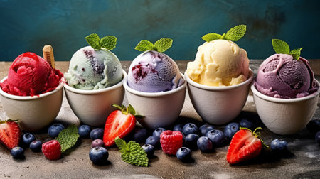 Keeping of ice cream flavor whit unused blueberry, strawberry, kiwi, lemon, vanilla setup on common foundation. Creative resource, AI Generatedの素材