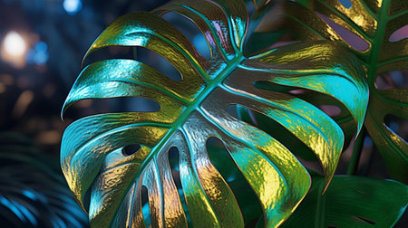 Closeup see of characteristic holographic monstera leaf. Creative resource, AI Generatedの素材