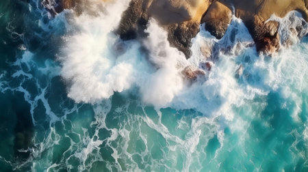 Airborne see to smoldering waves with foam. Creative resource, AI Generatedの素材