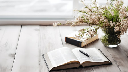 Gather Book of scriptures Consider on a White Wood Table. Creative resource, AI Generatedの素材