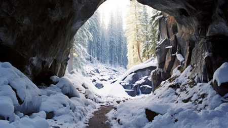 See of softening snow in a cave. Creative resource, AI Generatedの素材