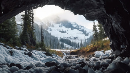 See of softening snow in a cave. Creative resource, AI Generatedの素材