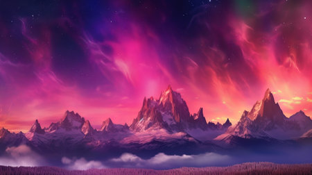 Repulsive Mountains with Aurora Borealis. Fuchsia Sky Foundation with copyspace. Creative resource, AI Generatedの素材
