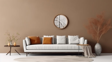 Coordinate composition of living room inner parts with duplicate space, brown relax chair, in design vase with office. Creative resource, AI Generatedの素材