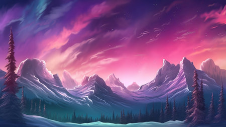 Horrendous Mountains with Aurora Borealis. Fuchsia Sky Establishment with copyspace. Creative resource, AI Generatedの素材