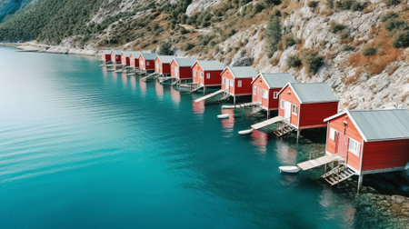 Blue water of ocean with ruddy cabins on shore. Creative resource, AI Generatedの素材