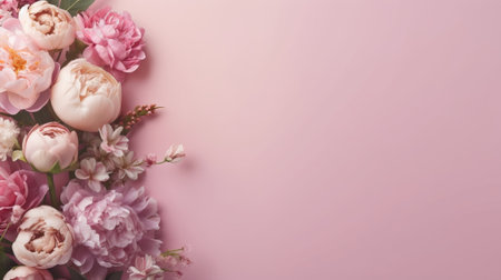 Peonies, roses on pink establishment with copy space. Inquisitively characteristic bloom chart organize with substance space. Creative resource, AI Generatedの素材