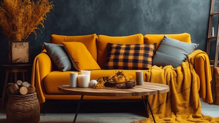 The in fashion boho compostion at living room internal parts with arrange gray sofa, wooden coffee table, commode and wonderful person additional items. Creative resource, AI Generatedの素材