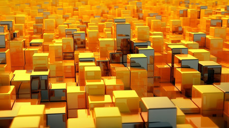 Orange and Yellow, Glinting 3d shapes Precisely Organized to form a Cutting edge Tech See. Creative resource, AI Generatedの素材