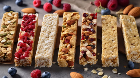 Distinctive granola bars on table establishment. Cereal granola bars. Superfood breakfast bars with oats, nuts and berries, close. Creative resource, AI Generatedの素材