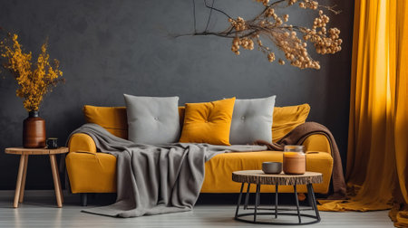 The in mold boho compostion at living room inside parts with orchestrate gray couch, wooden coffee table, commode and brilliant individual extra things. Creative resource, AI Generatedの素材
