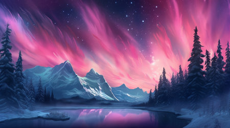 Appalling Mountains with Aurora Borealis. Fuchsia Sky Foundation with copyspace. Creative resource, AI Generatedの素材