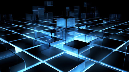 Picture of white squares and blue light on dim establishment. Creative resource, AI Generatedの素材