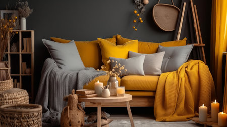 The in form boho compostion at living room interior parts with coordinate gray lounge chair, wooden coffee table, commode and brilliant person additional things. Creative resource, AI Generatedの素材