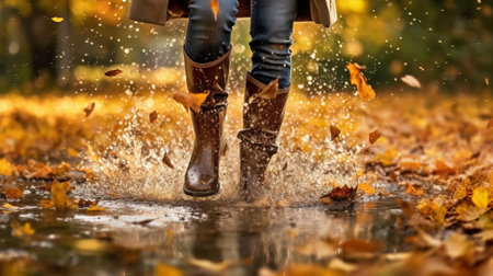 Woman wearing rain versatile boots walking running and bouncing into puddle with water sprinkle and drops in gather time rain. Creative resource, AI Generatedの素材